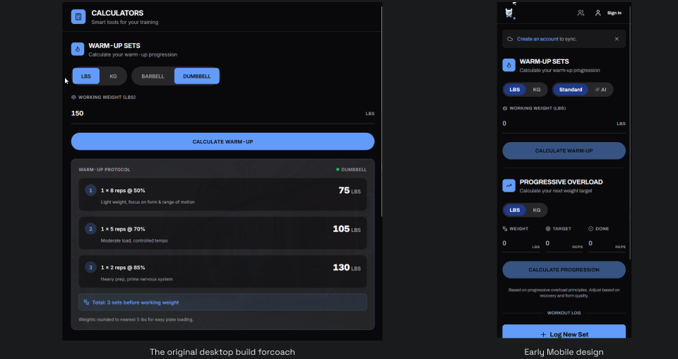 Side-by-side comparison of the original desktop build and the early mobile redesign for Coach