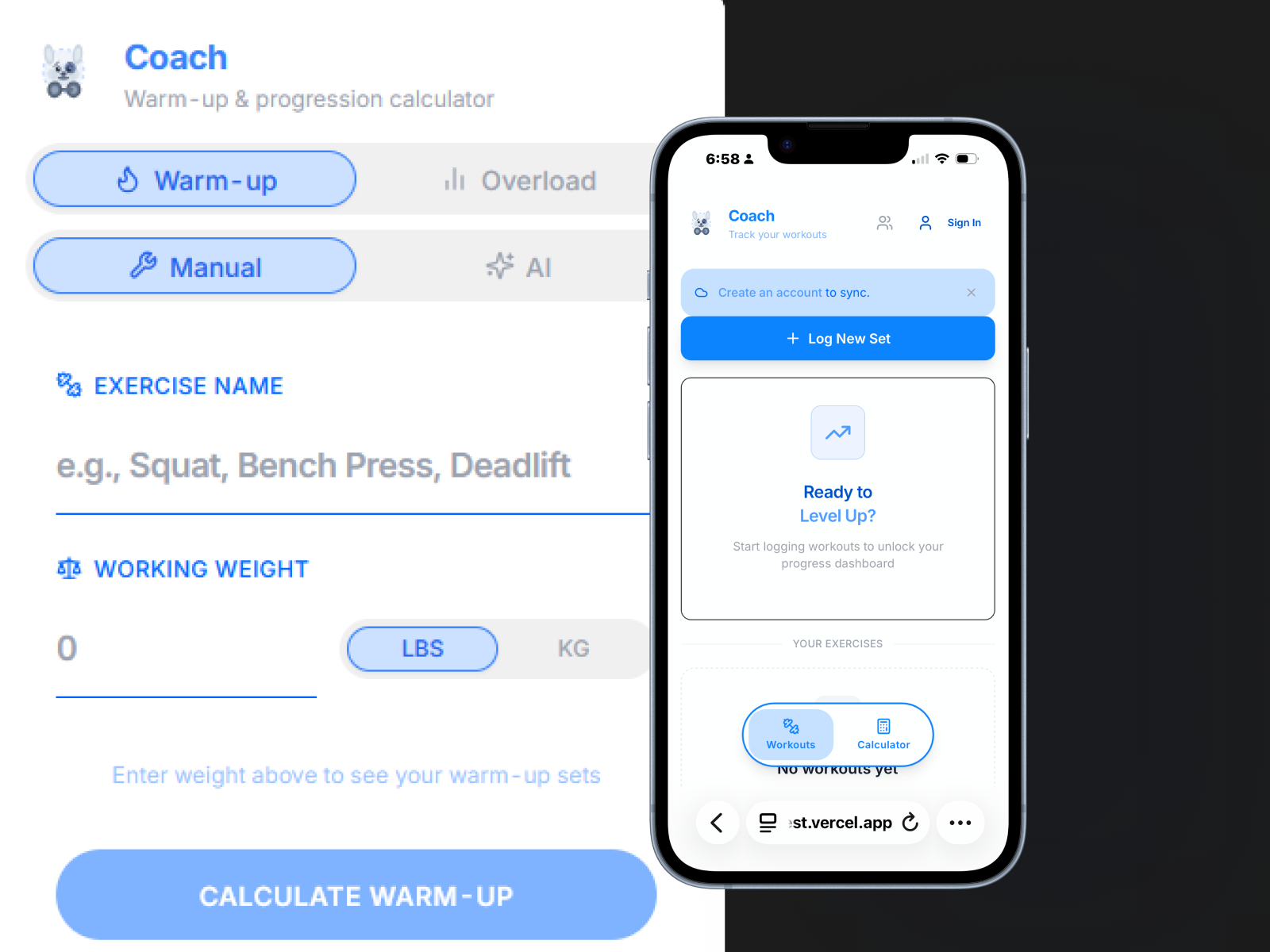 Coach warm-up and progression calculator screens